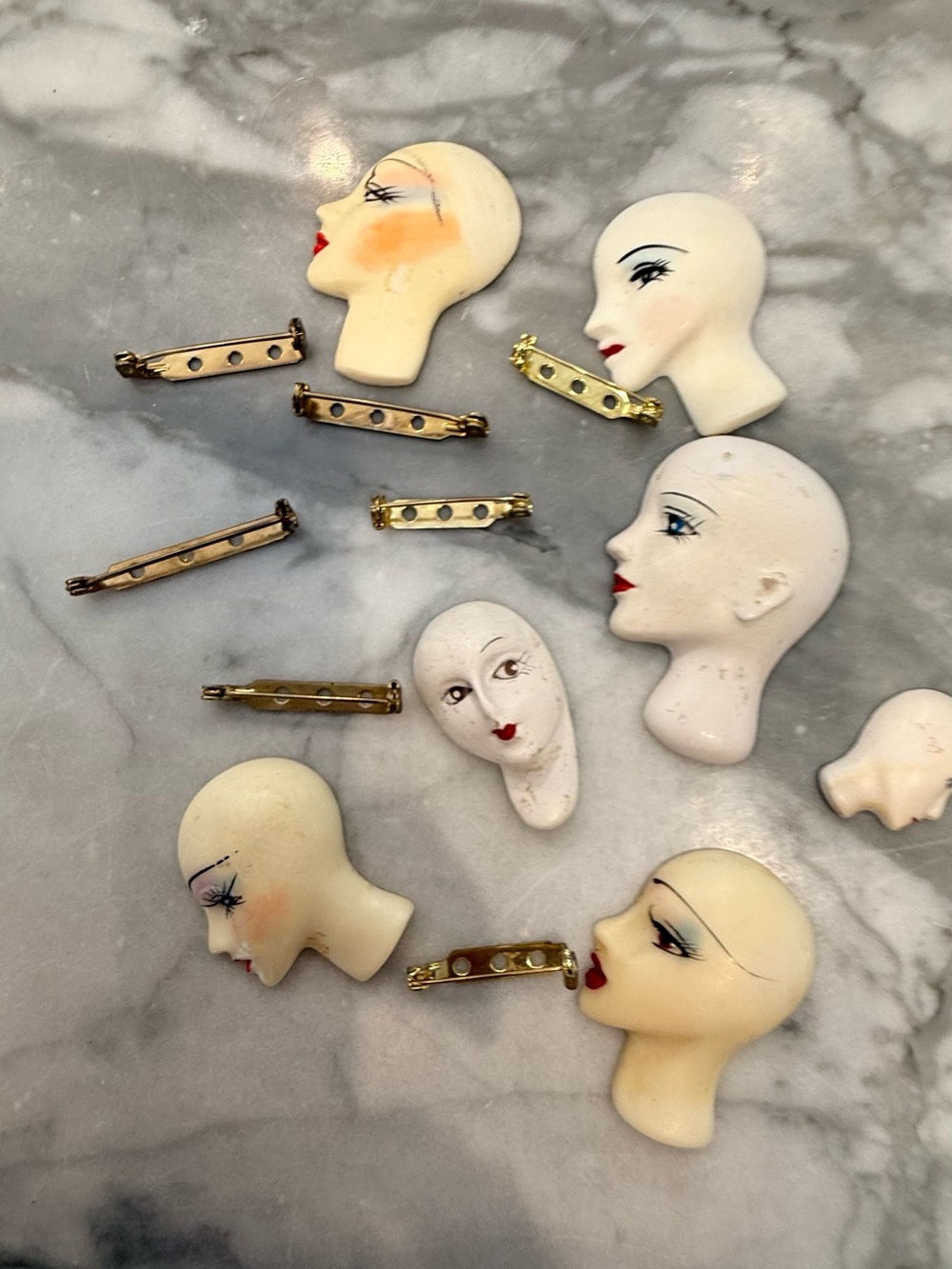 Vintage Porcelain Doll Head Brooch Pins - Cream White